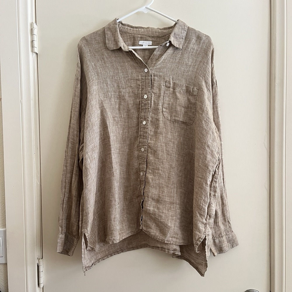 J.Jill Love Linen 100% Button Up Shirt XL Beige Granola Lagenlook Coastal Beach